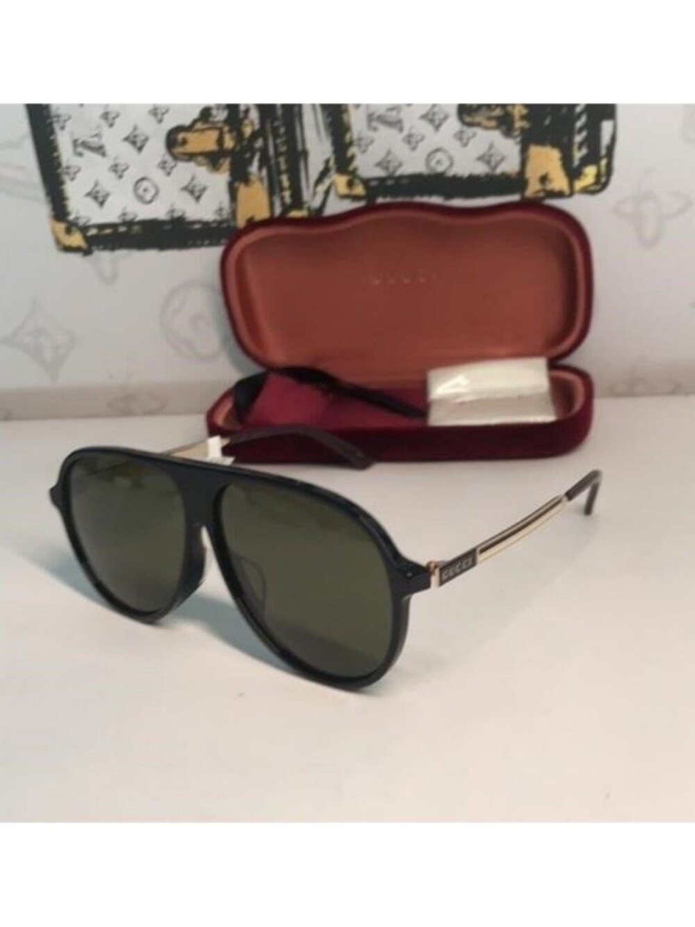 New Authentic  Gucci GG0829SA 002 – Black & Ruthenium Aviator Green Lenses ✨ - Picture 4 of 12